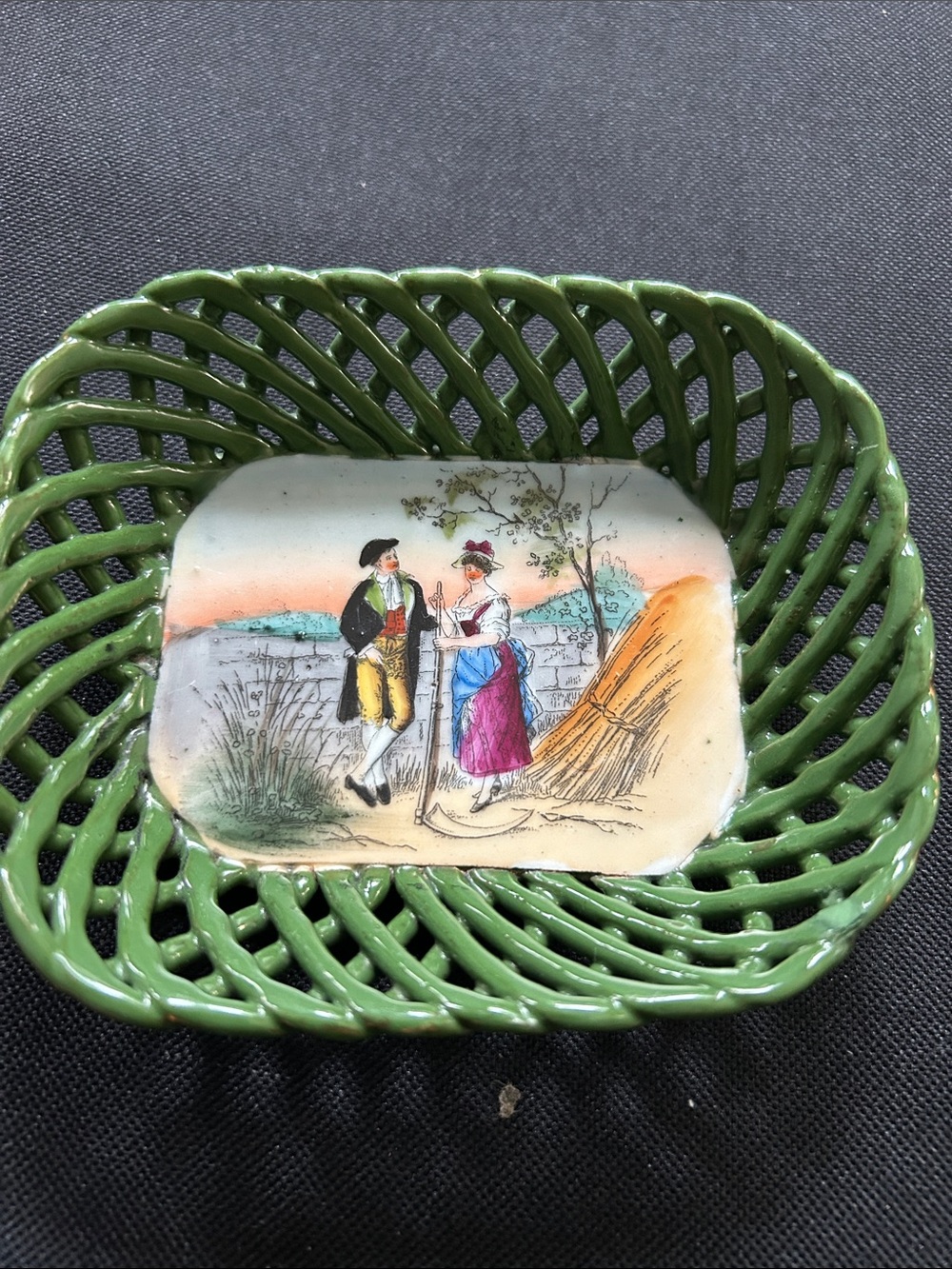Hand-Painted Green Ceramic Decorative Basket with Pastoral Scene hand painted